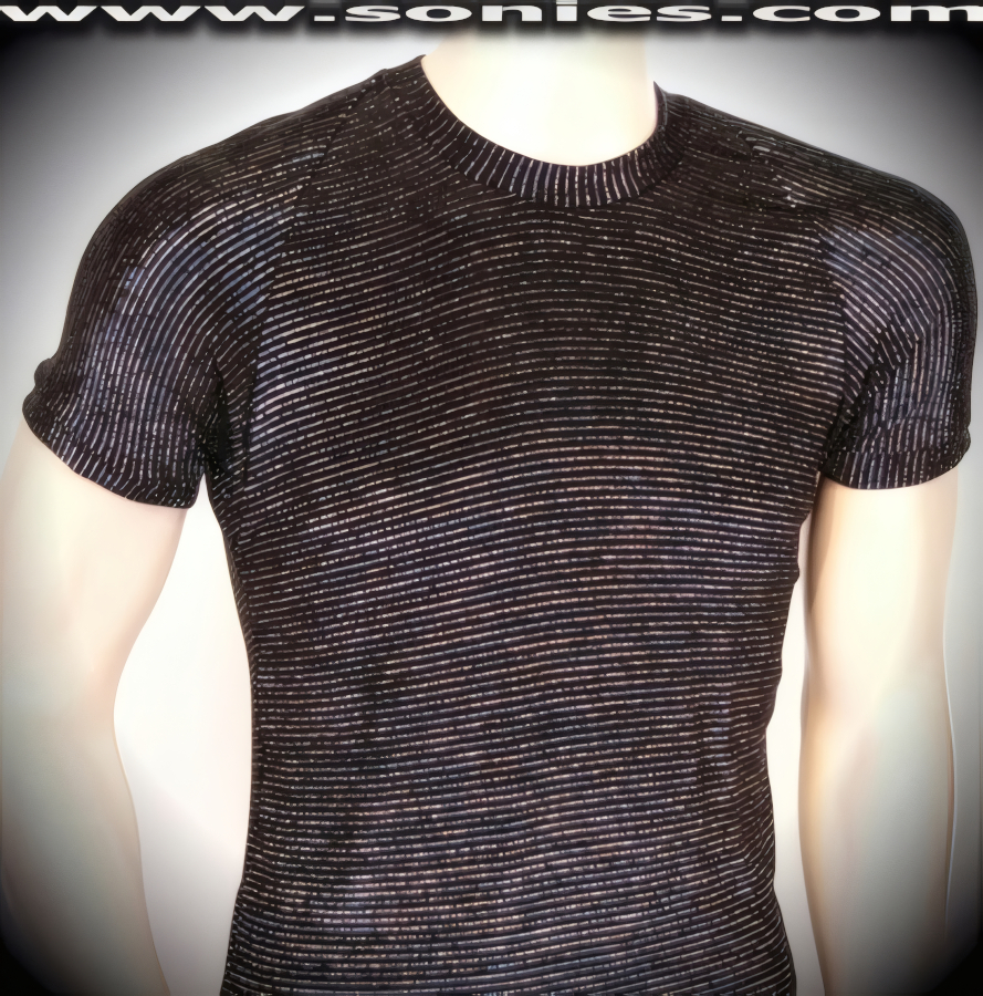 Men's Styx stretch silver with sapphire glitter foil horizontal pinstriped slinky Lycra sculpted short sleeved dance wear crew neck t-shirt. Designed to be contour fitting so that you may show off your masculine form and crafted using quality four-way stretch silver with sapphire glitter foil horizontal pinstriped slinky Lycra fabric (15% Lycra, 85% Nylon. Hand wash cold and drip dry. Do not bleach). It pairs superbly with any number of dashing bottoms such as pants, shorts, thongs or G-Strings. This racy style is perfect for stage, life style events, men's competition wear, pride week, monthly play parties, fetish events, adult alternative lifestyle gatherings, club wear, nightclubs, dance clubs, ladies night clubs, Bachelorette parties, male exotic Chippendale dancers, girls night out parties and more. Try this popular hot style for yourself today!   Style: 100-127E
