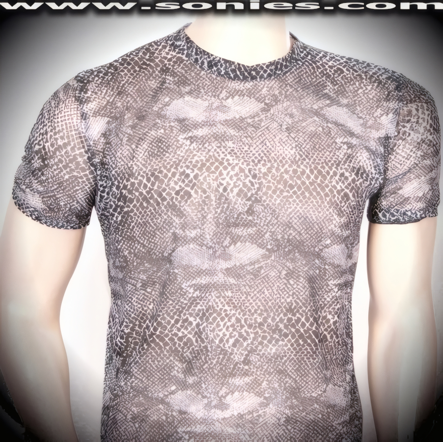 Men's Seriphus Translucent Stretch Lycra Net Python Print Crewneck Sculpted Dance Wear Tee (15% Lycra, 85% Nylon).   Style: 100-127F
