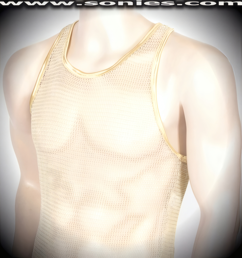 Men's Rh�ne Exquisite Weave Sheer Net Long Draping Dance Wear Fitness Tee with Contrasting Gold Stretch Lycra Edging Detail Finish (15% Lycra, 85% Nylon).   Style: 100-127Y