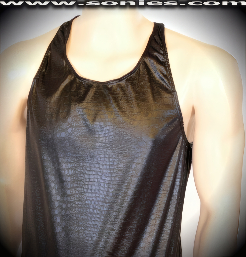 Men's Liskamm Body-Molded Crocodile Embossed Stretch Lycra Dance Wear Fitness Tee (15% Lycra, 85% Nylon).   Style: 100-128A