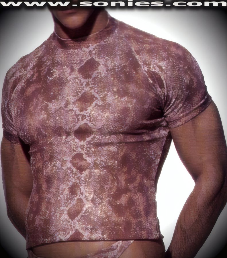Men's Koschuta Snake Foil Sculpted Stretch Glitter Slinky Lycra Short Sleeved Dance Wear Crewneck Tee (15% Lycra, 85% Nylon).   Style: 100-129GS