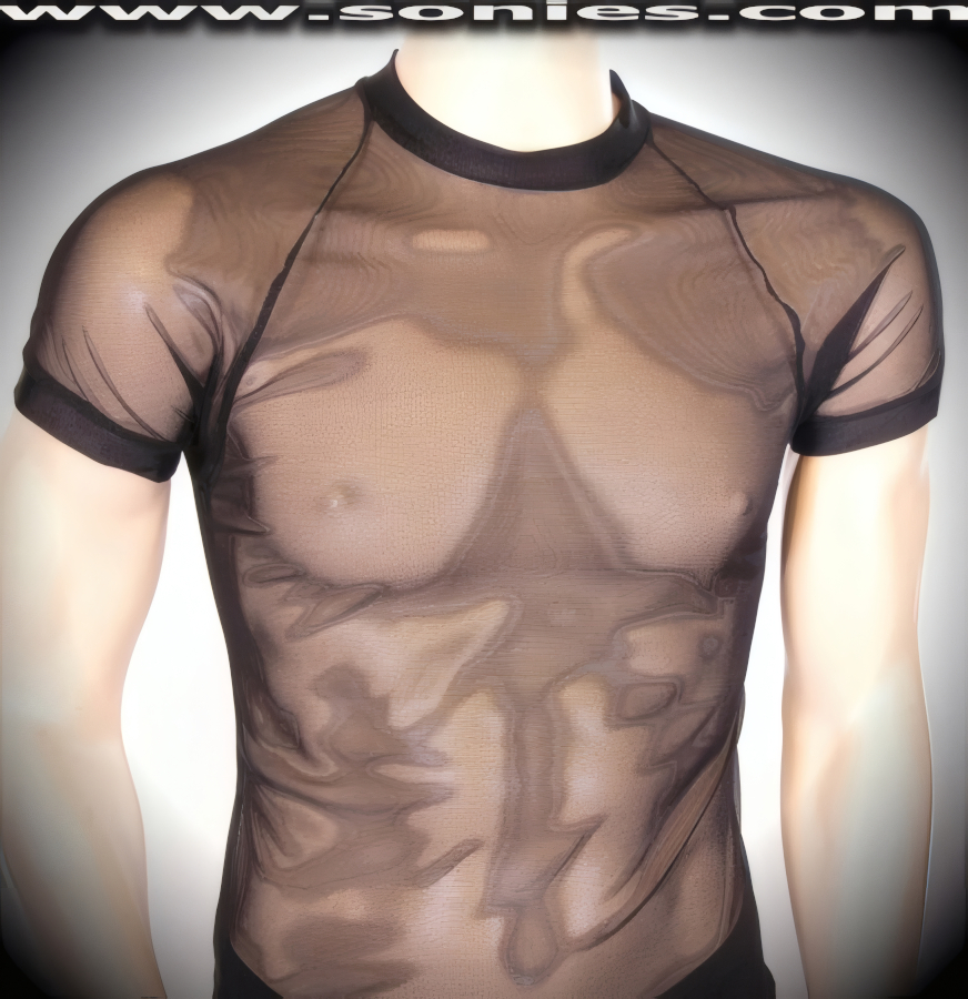 Men's Cala�s All Over Sheer Fishnet Shimmel Short Sleeved Crewneck Dance Wear Tee (Lycra/Nylon).   Style: 101-010