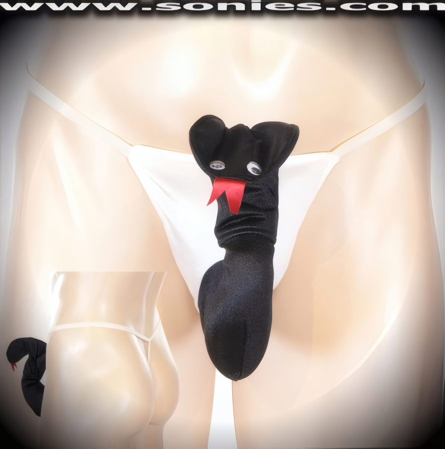 Men's Stretch Satin Lycra Dance Wear Unlined Acheron Striking King Cobra Pouch. Soft Fiber Filled Body with Moving Eyes and Striking Red Tongue Detail Finish. Elasticized Waistband with G-String Back Finally (15% Spandex, 85% Nylon).   Style: 10CO