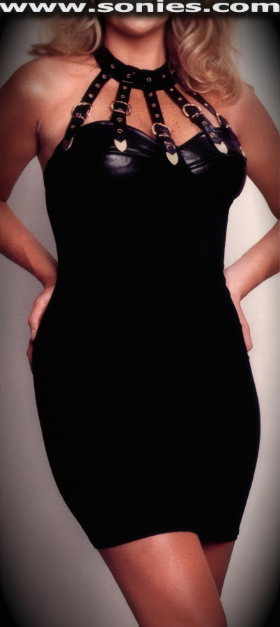Bound for an evening of pleasure in this magnificent Aetna sleek satin stretch Lycra with soft lamb skin leather mini dress. Form fitting dress with leather softly padded cups to enhance the bust, dramatic skin baring neckline, plus two button rear neck closure detail finish for off and on ease. Metal buckle front close with multiple fully adjustable leather straps to ensure a great fit and metal belt tip end finally (15% Lycra, 85% Nylon, Leather). It pairs beautifully with any number of gloves. May be worn with stiletto heel shoes to create a phenomenal look. This style is perfect for stage, life style events, monthly play parties, fetish events, adult alternative lifestyle gatherings, bachelor parties, club wear, nightclubs, dance clubs and gentleman's clubs.   Style: 1101