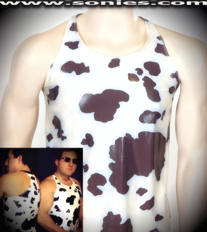 Men's Boeotian stretch Lycra wet-look psychedelic cow print dance wear fitness t-shirt with scoop neckline and Y-back detail finish. Crafted with quality 4 way stretch Lycra fabric that shapes well to the body so that you may show off your refined masculine form (15% Lycra, 85% Nylon exclusive of trim. Hand wash cold and drip dry, no bleach). It pairs superbly with any number of dashing bottoms such as pants, shorts, thongs or G-Strings. This racy style is perfect for stage, life style events, men's competition wear, pride week, monthly play parties, fetish events, adult alternative lifestyle gatherings, club wear, nightclubs, dance clubs, ladies night clubs, Bachelorette parties, male exotic Chippendale dancers, girls night out parties and more. Try this popular hot style for yourself today!   Style: 113-022