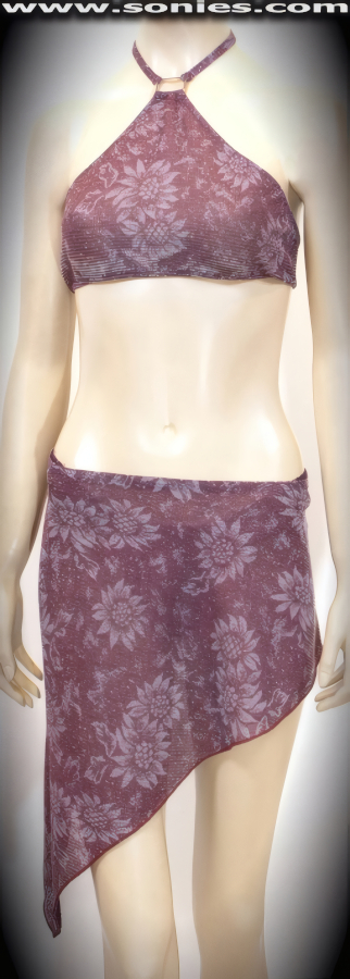 Burn your audience's desire in this Whistler body sculpting Latin babe three piece floral lurex stretch slinky Lycra set. Dramatic halter style crop top with metal ring connect front, tie neck straps, plus hook back closure for off and on ease detail finish. Complementing pull-on curve hugging asymmetric hem skirt. Includes a matching center stage dance wear lined crotch thong back bottom to complete this magnificent vesture (15% Lycra, 85% Nylon exclusive of trim. Hand wash cold and drip dry, no bleach). It pairs beautifully with any number of risqu� gloves. May be worn with stiletto heel shoes or boots to create a phenomenal look. This style is perfect for stage, life style events, pride week, monthly play parties, fetish events, adult alternative lifestyle gatherings, bachelor parties, club wear, nightclubs, dance clubs and gentleman's clubs.   STYLE: 1142-2087FBTUS