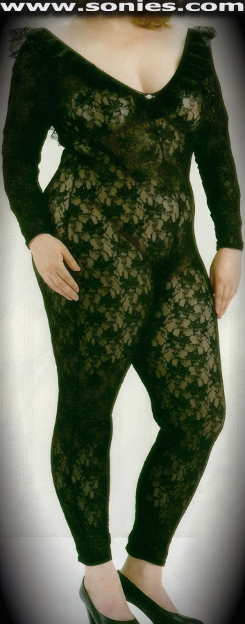 Flaunt Your Charms in this Wonderfully Sexy Sheer Stretch Floral Lace Footless Cat Suit. Fabulous Ruffle Lace Neckline with Scoop Back and Front plus Satin Bow Cleavage Appliqu� Detail Finish. Convenience Open Crotch that leaves you Uncovered and Free. Made from durable, run-resistant nylon (100% Nylon). Can be worn under most outfits, skirts, dresses, shorts, trousers and looks fabulous with stilettos and gloves.   Style: 1216C
