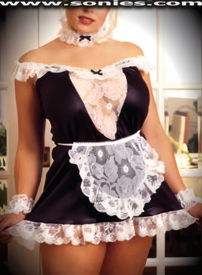 Indulge yourself in this plus size Nefarious five piece French maid outfit in stretch Poly and exquisite floral lace. Pretty lace off-the-shoulders mini dress with low plunge center silhouette, satin bow appliqu� detail finish and ruffled floral lace hem. Complementing satin bow appliqu� ruffle lace neck chocker, tie back lace apron, matching lace wristlets and corresponding panty with lace edging included. May be worn with stiletto heel shoes to create a phenomenal look. This style is perfect for stage, bedroom performance, life style events, monthly play parties, fetish events, adult alternative lifestyle gatherings, bachelor parties, club wear, nightclubs, dance clubs and gentleman's clubs.   Style: 1328X