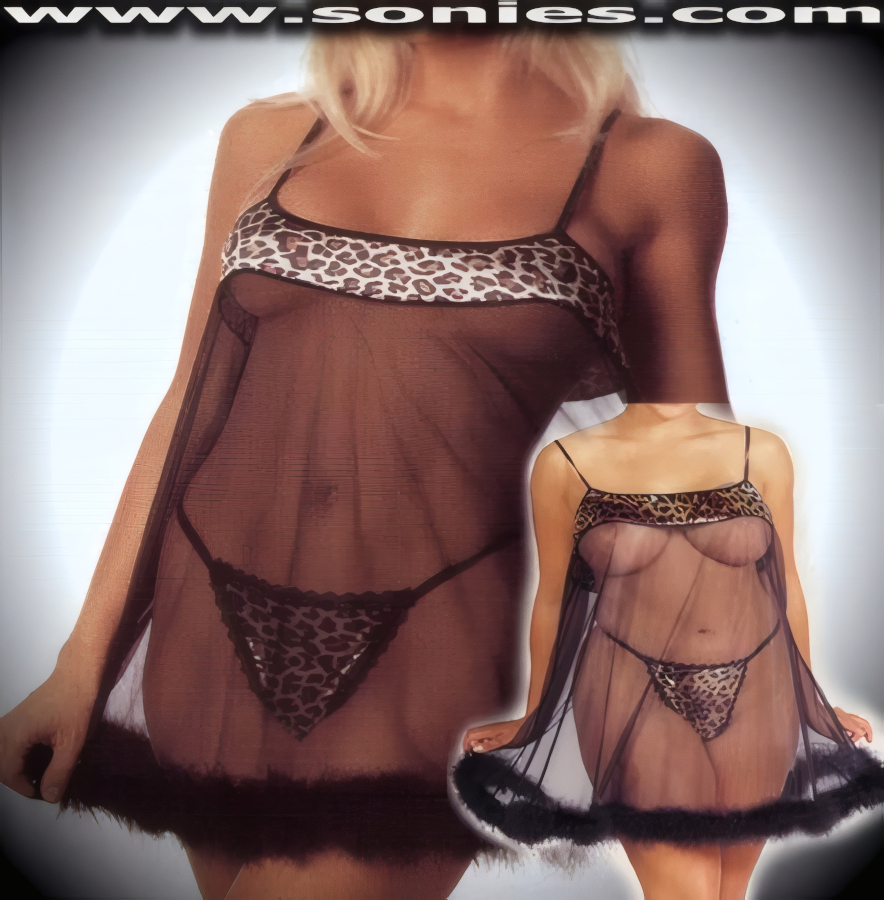 Break the decency law in this plus size purr-fectly wild two piece golden leopard sheer mesh and Lycra two piece set. Sexy concealing and yet revealing leopard print top trim baby doll with elasticized spaghetti shoulder straps to ensure a great fit and soft marabou trim hem detail finish. Complementing G-String panty with lace edging, plus soft elasticized waistband and back to ensure a great fit. May be worn with stiletto heel shoes to create a phenomenal look. This style is perfect for stage, bedroom performance, life style events, monthly play parties, fetish events, adult alternative lifestyle gatherings, bachelor parties and gentleman's clubs.   Style: 1369X