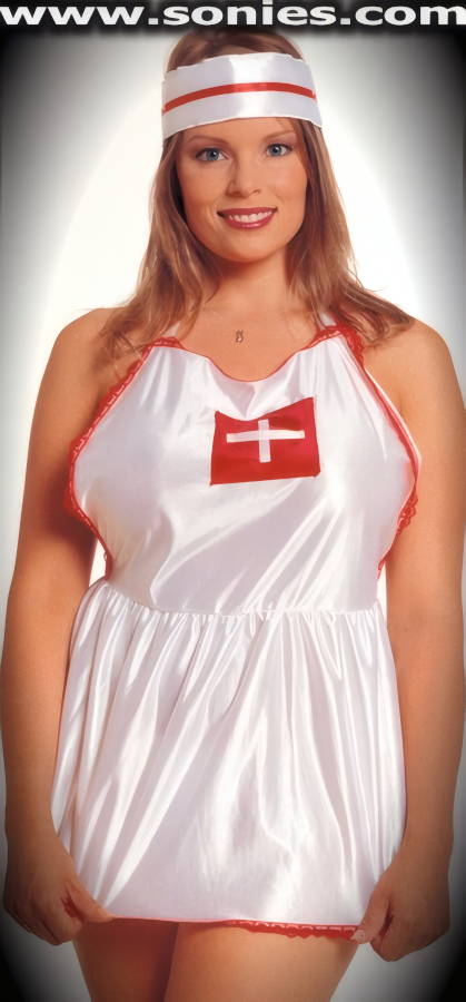 Devious Distracting Naughty and Playful Nurse Outfit with Lace Edging, Satin White Cross and Bare Back. Apron Style Halter Front with Tie Straps on Neck and Waist Back. Includes Head Piece with Tie Straps, Poly Apron and Matching Panty.   Style: 1433X