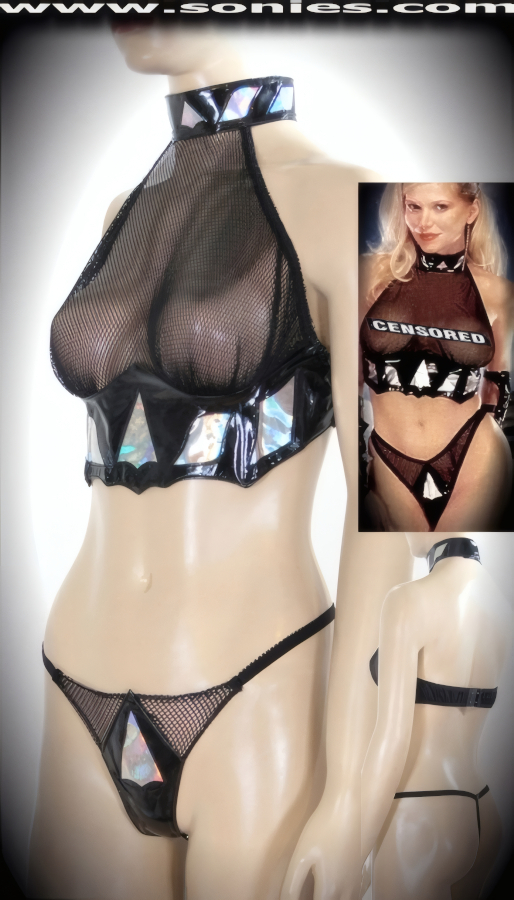 Make Your Audience Quake when You Step-Out on the stage in this Teasingly Transparent Stretch Fishnet with Black and Mylar Patent Leather (PVC) Two Piece Set. Halter Style Crop Top with Adjustable Snap Back Close Choker, Adjustable Hook & Eye Back Closure for Off and On Ease Detail Finish. Complete with Matching Eye-Captivating G-String Back Panty.    Style: 1715