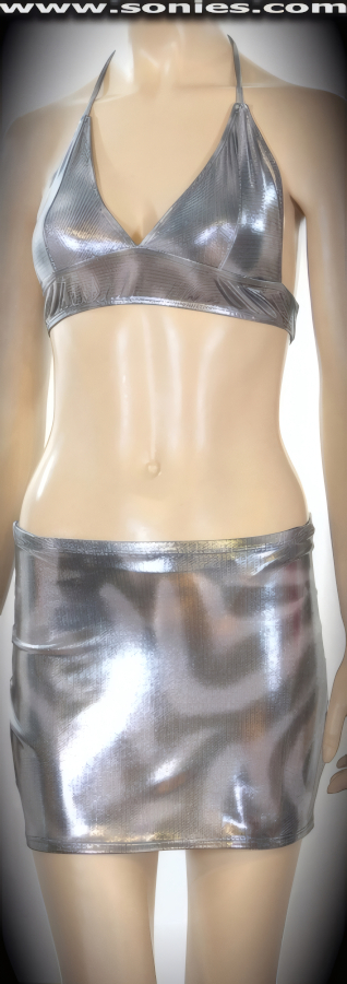 Playfully desirable in this Slovakia adult entertainer center stage well-sculpted three piece stretch psychedelic Lycra set. Teasing skin baring low dipping halter style crop top with tie neck close, plus clasp back closure for off and on ease detail finish. Complementing pull-on hip hugging A-line mini skirt. Includes a matching center stage dance wear lined crotch thong back bottom to complete this magnificent vesture (15% Lycra, 85% Nylon exclusive of trim. Hand wash cold and drip dry, no bleach). It pairs beautifully with any number of risqu� gloves. May be worn with stiletto heel shoes or boots to create a phenomenal look. This style is perfect for stage, life style events, pride week, monthly play parties, fetish events, adult alternative lifestyle gatherings, bachelor parties, club wear, nightclubs, dance clubs and gentleman's clubs.   Style: 201DSHA