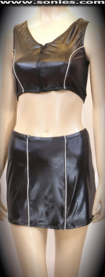 Excitement awaits you in this Imbabura well-sculpted two piece stretch wet-look Lycra set. Curvature hugging tank top with eye-captivating contrasting white piping, contour seaming to enhance the bust plus tantalizing front open-ended plastic-molded zipper closure for off and on ease. Includes a matching pull-on mini skirt with sexy contrasting white piping to complete this magnificent vesture (15% Lycra, 85% Nylon exclusive of trim. Hand wash cold and drip dry, no bleach). It pairs beautifully with any number of risqu� gloves. May be worn with stiletto heel shoes or boots to create a phenomenal look. This style is perfect for stage, life style events, pride week, monthly play parties, fetish events, adult alternative lifestyle gatherings, bachelor parties, club wear, nightclubs, dance clubs and gentleman's clubs.   Style: 208CDSH