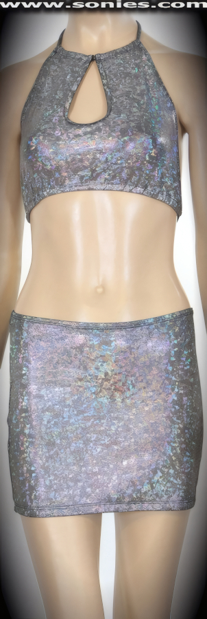 Perfectly Sculpted Two Piece Swirl Spandex Set. Low Dipping Halter Top with Hook Back Neck Closure and Matching A-Line Mini Skirt.   Style: 208DSH