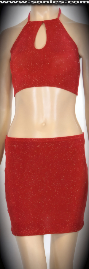 Exciting design that offers opulence, elegance, and style in this Hermosa two piece stretch glitter slinky Lycra set. Curvature hugging halter style crop top with skin baring keyhole front, adjustable tie neck close to ensure a great fit and back clasp closure for off and on ease. Includes a matching pull-on mini skirt to complete this magnificent vesture (15% Lycra, 85% Nylon exclusive of trim. Hand wash cold and drip dry, no bleach). It pairs beautifully with any number of risqu� gloves. May be worn with stiletto heel shoes or boots to create a phenomenal look. This style is perfect for stage, life style events, pride week, monthly play parties, fetish events, adult alternative lifestyle gatherings, bachelor parties, club wear, nightclubs, dance clubs and gentleman's clubs.   Style: 208EDSH