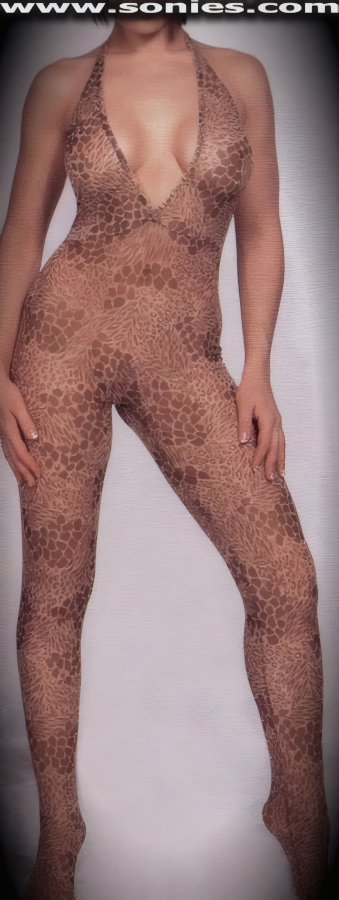 Beware! Your Animal Instincts will be revealed in our Illusion Sheer Stretch Lycra Mesh Jungle Print Halter Style Cat Suit with Plunging Neckline and Under Bust Seaming Detail Finish.   Style: 2208