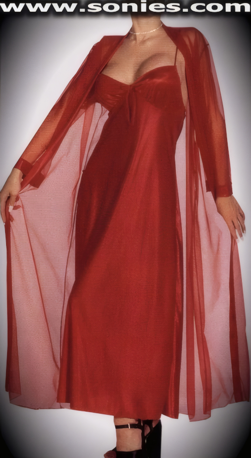 Enjoy the look and comfort in this beautifully draped silky soft Ulysses long gown with satin bow cleavage accent, adjustable spaghetti shoulder straps to ensure a great fit, low dip neckline and eye-captivating shirred cups finally. Complementing racy sheer jacket with waist string tie detail finish included. May be worn with stiletto heel shoes to create a phenomenal look. This style is perfect for bedroom performance, life style events, monthly play parties, fetish events, adult alternative lifestyle gatherings, bachelor parties and gentleman's clubs.   Style: 2528-2529
