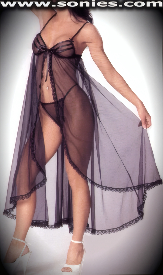Positively provocative and beribboned in this fabulous satiny soft sheer mesh and lace trim two piece set. Sheer long gown with adjustable satin spaghetti shoulder straps to ensure a great fit, scalloped lace edging, satin bow appliqu�, plus cleavage satin ribbon tie for off and on ease detail finish. Matching sheer G-String panty with lace edging included. Soft elasticized waistband and back to ensure a great fit. May be worn with stiletto heel shoes to create a phenomenal look. This style is perfect for stage, bedroom performance, life style events, monthly play parties, fetish events, adult alternative lifestyle gatherings, bachelor parties, club wear, nightclubs, dance clubs and gentleman's clubs.   Style: 2540