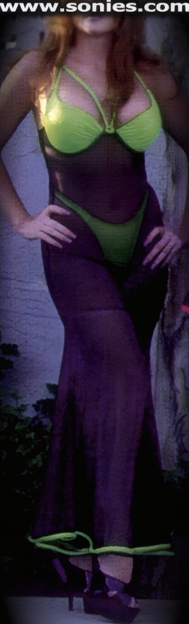 Ooh La La! Hollywood Movie Star Glamor Two Piece Set that Simply Glorifies Your Curves. Glitter Lycra with Stretch Power Mesh Bust-Out Cleavage Long Tulip Gown. Firm Underwired Softly Padded Cups to Enhance the Bust. Lycra Spaghetti Shoulder Straps with Dramatic Cleavage Tie Neck Close and Glitter Hem Detail Finish. Keyhole Sheer Back with Clasp Closure for Off and On Ease Finally. Complete with Matching Center Stage Dance Wear Lined Thong Back Bottom (15% Lycra, 85% Nylon). It pairs beautifully with any number of gloves. May be worn with stiletto heel shoes to create a phenomenal look. This style is perfect for stage, life style events, pride week, monthly play parties, fetish events, adult alternative lifestyle gatherings, bachelor parties, club wear, nightclubs, dance clubs and gentleman's clubs.   Style: 2929GLIT