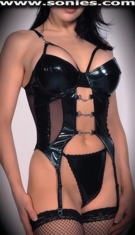 Dressing with Impact in Our Ladies Sexy Themis Two Piece Patent Leather (PVC) and Stretch Sheer Lycra Mesh Set. Underwired Bustier Cups to Urge Breasts Upward with Dramatic Cut-Out Look, Mesh Front Insets and Metal Connect Detail Center. Adjustable Elasticized Shoulder Straps with Front Metal Connects, Stretch Sheer Mesh Adjustable Hook & Eye Back Closure and Attached Adjustable Garters. Complementing G-String Back Panty (Stockings not included).   Style: 30687
