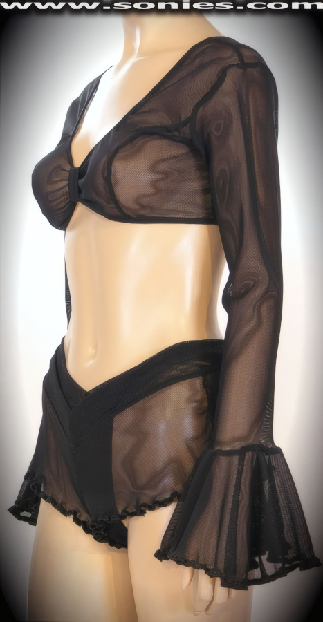 Wickedly Hot in this Cintura Grinding Sheer Stretch Power Mesh Three Piece Set. Seductive bell sleeve crop top with contour seaming, low plunge skin baring neckline, gathered front accent, plus rear clasp closure for off and on ease detail finish. Complementing curve hugging pull-on V-shape front cheeky hot pants. The low rise design makes the torso look longer, while the high-cut thigh elongates the legs, for an incredibly seductive silhouette. Includes a matching center stage dance wear lined thong back bottom to complete this magnificent vesture (15% Lycra, 85% Nylon). May be worn with stiletto heel shoes or boots to create a phenomenal look. This style is perfect for stage, life style events, pride week, monthly play parties, fetish events, adult alternative lifestyle gatherings, bachelor parties, club wear, nightclubs, dance clubs and gentleman's clubs.   Style: 3600NET