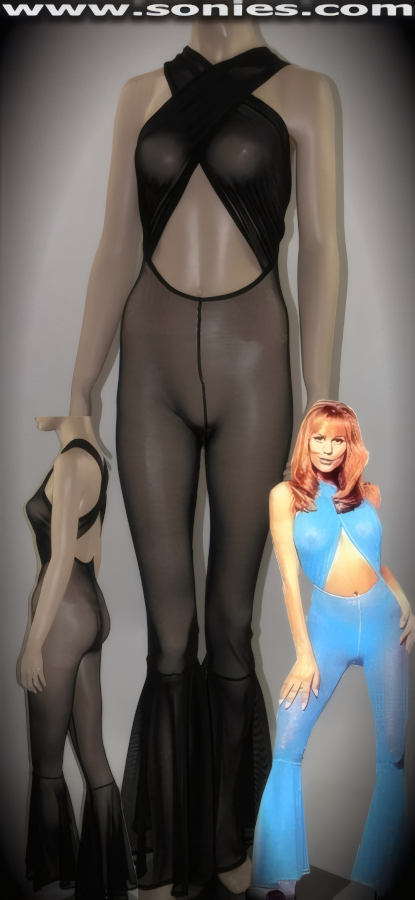 DARE-TO-BARE in this Magnificent Hyperion Translucent Stretch Lycra Power Mesh Halter Style Criss-Cross Cat Suit. Figure tracing and very provocative design with cut-out midriff and bell-bottom leg detail finish (13% Lycra, 87% Nylon).   Style: 3900NT