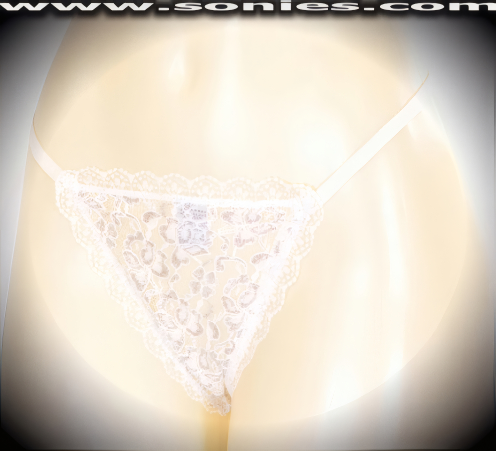 Delightfully naughty and so very nice in this ladies Adiona low-rise white sheer floral lace with glitter silver Lurex G-String back panty and suggestive unlined crotch detail finish. Crafted with a soft elasticized waistband and back to ensure a great fit, plus exquisite floral scallop lace edging (Nylon/Lycra. Hand wash cold, hang dry, no bleach). It pairs beautifully with any number of risqu� tops. May be worn with stiletto heel shoes to create a phenomenal look. This style is perfect for stage, bedroom performance, life style events, pride week, monthly play parties, fetish events, adult alternative lifestyle gatherings, bachelor parties and gentleman's clubs.   Style: 3G-ST