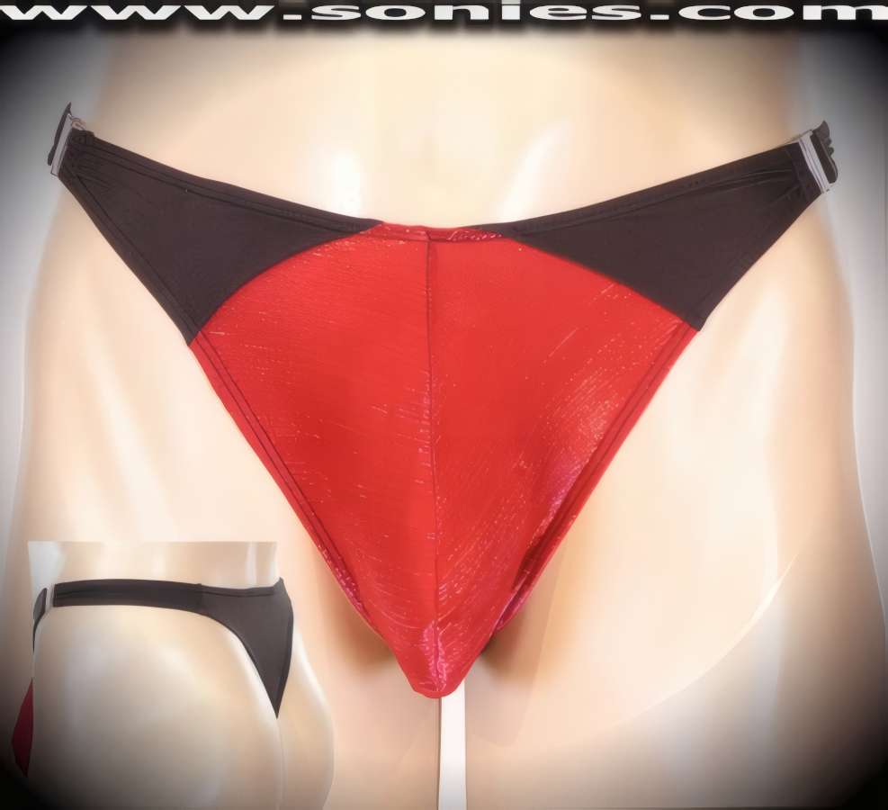 Men's Bemusing Stretch Lurex Slinky Lycra Dance Wear Thong with Side Opening Clasps for Off and On Ease Thrilling Impact. Exquisitely designed Contrasting Unlined Contoured Front Pouch to provide support and room for your package. This is a thong that contours and conforms to every bulge and curve (15% Lycra, 85% Nylon).   Style: 444-003