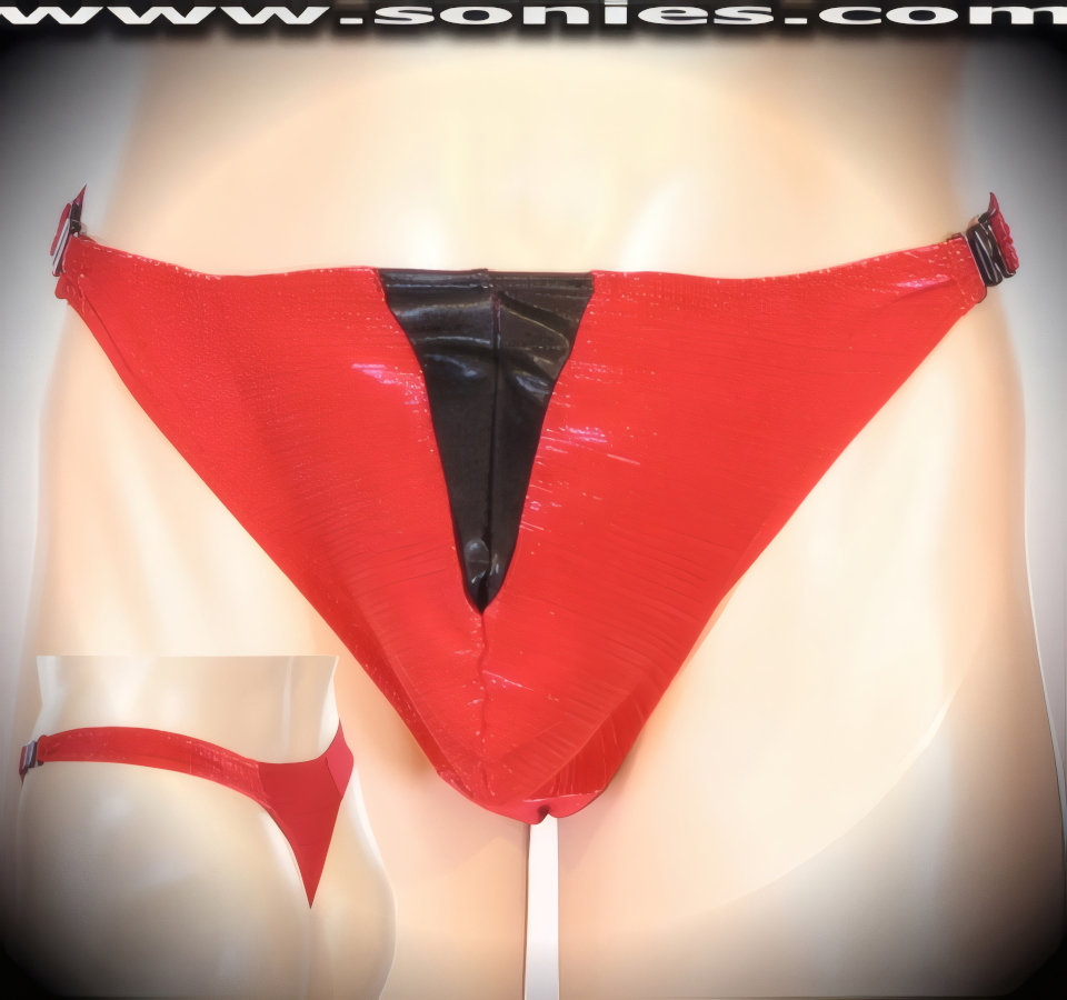 Men's Vision Stretch Lurex Slinky Lycra Dance Wear Thong with V-Shape Cir� Contrasting Unlined Contoured Front Pouch to provide support and room for your package. Dramatic Side Opening Clasps for Off and On Ease Finally. A comfortable masculine thong (15% Spandex, 85% Nylon).   Style: 444-003C
