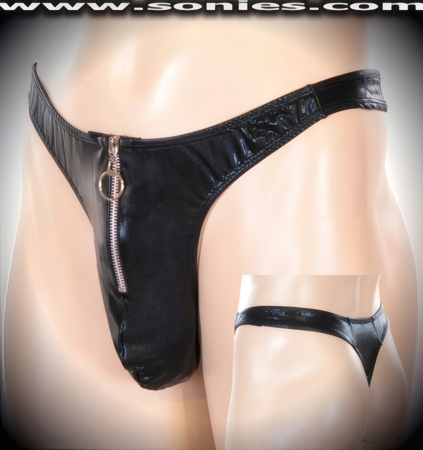 Men's Actaeon Stretch Liquid Lam� Lycra Dance Wear Thong with Unlined Contoured Front Pouch to provide support and room for your package. Dramatic Front Aluminum Metal Zipper Detailing plus Metal O-Ring Puller Finally for Added Peek-A-Boo Teasing Effect This is a thong that stretches to impart a comfortable body-hugging and supportive fit (15% Spandex, 85% Nylon).   Style: 444-003D