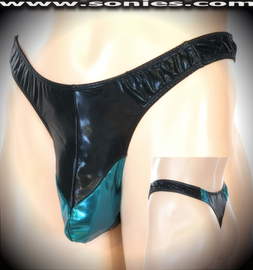 Men's Cir� Black Stretch Liquid Lam� Lycra Dance Wear Thong with Contrasting Star Dust Turquoise Hologram and Unlined Contoured Front Pouch to provide support and room for your package. This is a thong that stretches to impart a comfortable close-fitting and supportive fit. It Glistens and Sparkles to Captivate Your Audiences attention (15% Spandex, 85% Nylon).   Style: 444-003K