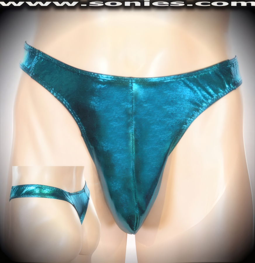 Men's Aegisthus Stretch Glitter Hologram Lycra Dance Wear Thong with Unlined Contoured Front Pouch to provide support and room for your package. This is a thong that stretches to impart  a comfortable body-hugging and supportive fit. It Glistens and Sparkles to Captivate Your Audiences attention (15% Spandex, 85% Nylon).   Style: 444-003N