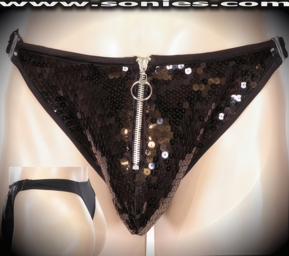 Things will Definitely Heat Up in this Men's Seriphus Glitter Sequins with Stretch Lycra Center Stage Dance Wear Thong. Lined Contour Pouch with Front Aluminum Metal Zipper Detailing plus Metal O-Ring Puller Finally for Added Peek-A-Boo Teasing Effect, designed with Break-Away Side Clasps for Off and On Ease.   Style: 444-020