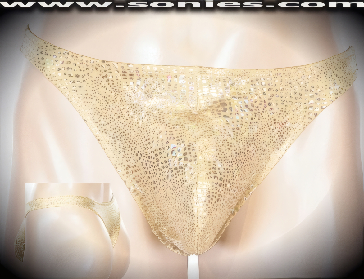 Men's Stheino Stretch Glitter Hologram Lycra Dance Wear Thong with Unlined Contoured Front Pouch to provide support and room for your package. This is a thong that stretches to impart  a comfortable body-hugging and supportive fit. It Glistens and Sparkles to Captivate Your Audiences attention (15% Spandex, 85% Nylon).   Style: 444-049