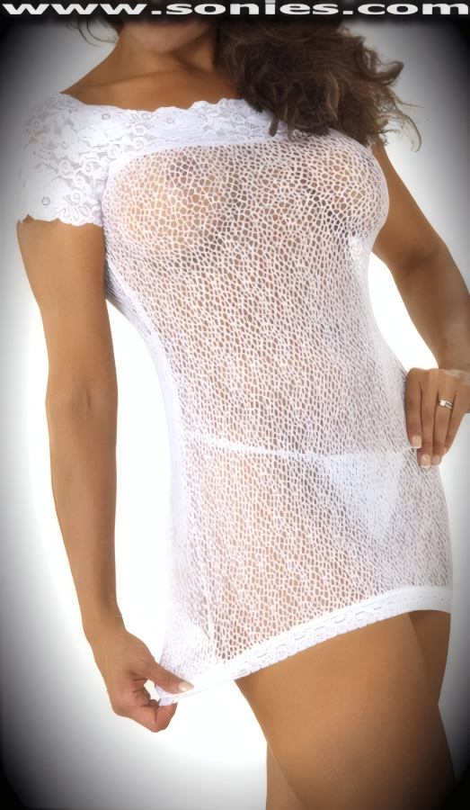His temperature and heart beat will be rising when you step-out in this ultra-sexy stretch scalloped Spanish floral lace neckline and fishnet off-the-shoulder cut mini dress. Design to flatter and fit you marvelously. complete with matching thong back panty finally (15% Lycra, 85% Nylon). It pairs beautifully with any number of gloves. May be worn with stiletto heel shoes to create a phenomenal look. This style is perfect for stage, bedroom performance, life style events, pride week, monthly play parties, fetish events, adult alternative lifestyle gatherings, bachelor parties, club wear, nightclubs, dance clubs and gentleman's clubs.   Style: 45693