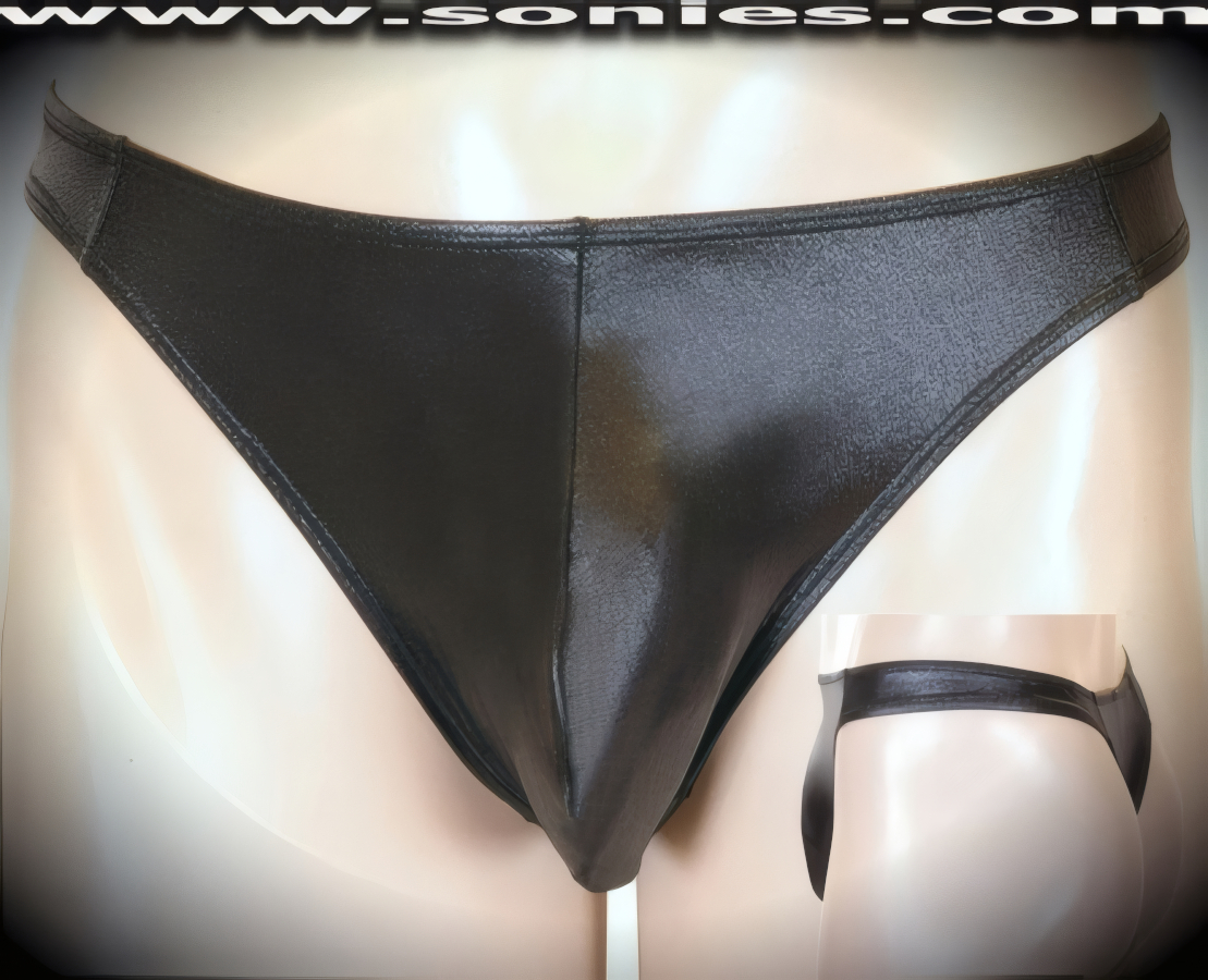Men's Thor Wet Look Stretch Lycra Dance Wear Thong with Unlined Contoured Front Pouch to provide support and room for your package. This is a thong that stretches to impart a comfortable close-fitting and supportive fit (15% Spandex, 85% Nylon).   Style: 470-021