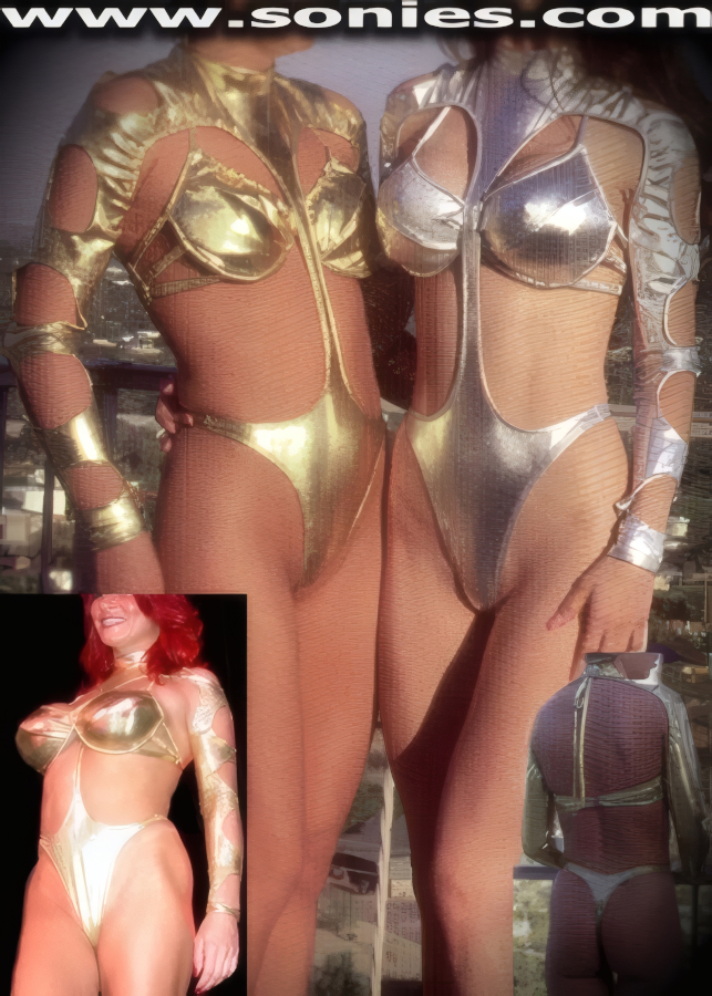 Dress to impress in this marvelous and lustrous Cleopatra center stage stretch liquid Lam� Lycra two piece set. Dramatic openwork long sleeve body suit with lined crotch, thong back bottom, dual rear neck snap closures for off and on ease detail finish. Complementing halter style softly padded push-up underwired cup bra to enhance the bust with strappy skin baring sides, gathered front accent, adjustable tie neck straps and back clap closure for off and on ease finally (15% Lycra, 85% Nylon). It is superb as an indispensable cover-up for costumes. Only your imagination can limit the uses for this versatile garment. May be worn with stiletto heel shoes to create a phenomenal look. This style is perfect for stage, bedroom performance, life style events, monthly play parties, fetish events, adult alternative lifestyle gatherings, bachelor parties, club wear, nightclubs, dance clubs and gentleman's clubs.    Style: 5600-LL