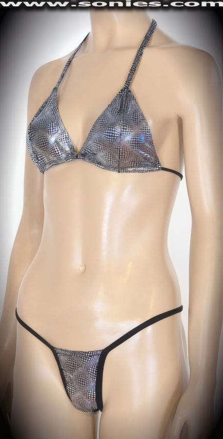 Feminine Elegance in Our Ladies Scanty Xanthus Stretch Lycra Hologram Two Piece Bikini Set. Adjustable Slide and Tie Triangle Top Designed to fit all Busts. Complementing Micro Thong Bottom with Lined Crotch Detail Finish (15% Lycra, 85% Nylon).   Style: 565-055A