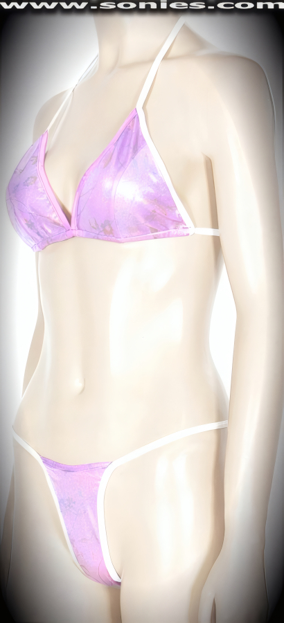 Inspire dangerous liaisons in this alluring Pilatus stretch Lycra glimmer hologram foil two piece bikini set. Adjustable slide and tie triangle top for minimal or maximum coverage and is designed to fit all busts. Complementing micro thong bottom with lined crotch detail finish. Created using four way stretch glimmer hologram foil Lycra fabric to trace your bodies contour and offers a stunning effect under any lighting (15% Lycra, 85% Nylon. Wash delicate and hang dry. Exposure to salt water and chlorine not recommended). May be worn with stiletto heel shoes to create a phenomenal look. This style is perfect for professional exotic dancers, life style events, pride week, monthly play parties, fetish events, adult alternative lifestyle gatherings, bachelor parties, club wear, gentleman's clubs, and to look your best at the beach or lounging at the pool.   Style: 565-072A