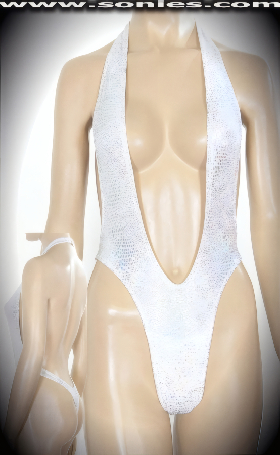 A glamorous silhouette that's forever sexy in this Sciliar halter style stretch Lycra glimmer hologram one-piece thong back monokini. Designed with a dramatic deep plunging neckline, open back, lined crotch, clasp neck close for off and on ease detail finish. Created using four way stretch hologram Lycra fabric to trace your bodies contour and offers a stunning effect under any lighting (15% Lycra, 85% Nylon. Wash delicate and hang dry. Exposure to salt water and chlorine not recommended). May be worn with stiletto heel shoes to create a phenomenal look. This style is perfect for professional exotic dancers, life style events, pride week, monthly play parties, fetish events, adult alternative lifestyle gatherings, bachelor parties, club wear, gentleman's clubs, and to grab serious attention when worn at the beach or lounging at the pool.   Style: 670-031A