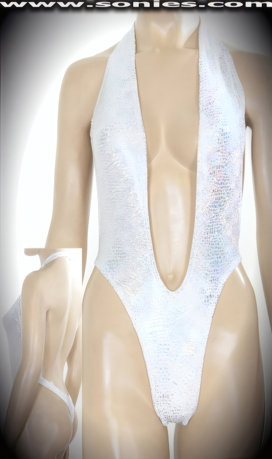 Daringly sexy style with a dramatic flair is this Zinalro halter style stretch Lycra glimmer hologram one-piece thong back monokini. Designed with a dramatic deep plunging neckline, open back, lined crotch, clasp neck close for off and on ease detail finish. Created using four way stretch hologram Lycra fabric to trace your bodies contour and offers a stunning effect under any lighting (15% Lycra, 85% Nylon. Wash delicate and hang dry. Exposure to salt water and chlorine not recommended). May be worn with stiletto heel shoes to create a phenomenal look. This style is perfect for professional exotic dancers, life style events, pride week, monthly play parties, fetish events, adult alternative lifestyle gatherings, bachelor parties, club wear, gentleman's clubs, and to grab serious attention when worn at the beach or lounging at the pool.   Style: 670-081I