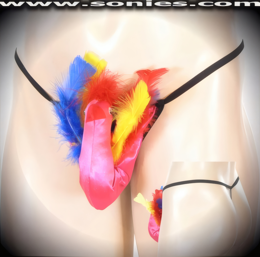 Men's Breathtaking Peacock Unlined Pouch Dance Wear with Multi-Color Feather Accent Detail Finish. Soft Fiber Filled Body with Moving Eyes, Beak and Elasticized Waistband plus G-String Back Finally.   Style: 67PE