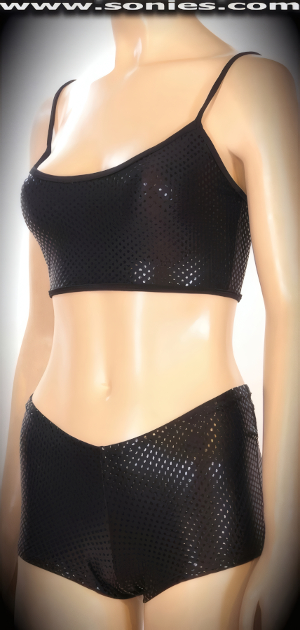 Super sexy in this exhilarating sparkle dotted Microcera stretch Lycra three piece set. Seductive tank style crop top with soft shoulder straps to ensure a great fit. Complementing curve hugging pull-on cheeky hot pants. Includes a matching thong back dance wear panty to complete this magnificent vesture. This sexy three piece set is created using a stunning foil fabric with four way stretch to trace your bodies contour (15% Lycra, 85% Nylon). It pairs beautifully with any number of risqu� gloves. May be worn with stiletto heel shoes or boots to create a phenomenal look. This style is perfect for stage, life style events, pride week, monthly play parties, fetish events, adult alternative lifestyle gatherings, bachelor parties, club wear, nightclubs, dance clubs and gentleman's clubs.   Style: 702-54B