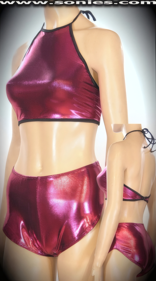 Sizzling hot in this glorious two piece Quiero Salsa two piece stretch shimmer hologram Lycra set. Curvature hugging halter style crop top with spaghetti strap tie neck close to ensure a great fit, plus rear clasp closure for off and on ease detail finish. Includes a matching curve hugging pull-on hot pants to complete this splendid vesture (15% Lycra, 85% Nylon). It pairs beautifully with any number of risqu� gloves. May be worn with stiletto heel shoes or boots to create a phenomenal look. This style is perfect for stage, life style events, pride week, monthly play parties, fetish events, adult alternative lifestyle gatherings, bachelor parties, club wear, nightclubs, dance clubs and gentleman's clubs.   Style: 702-64B