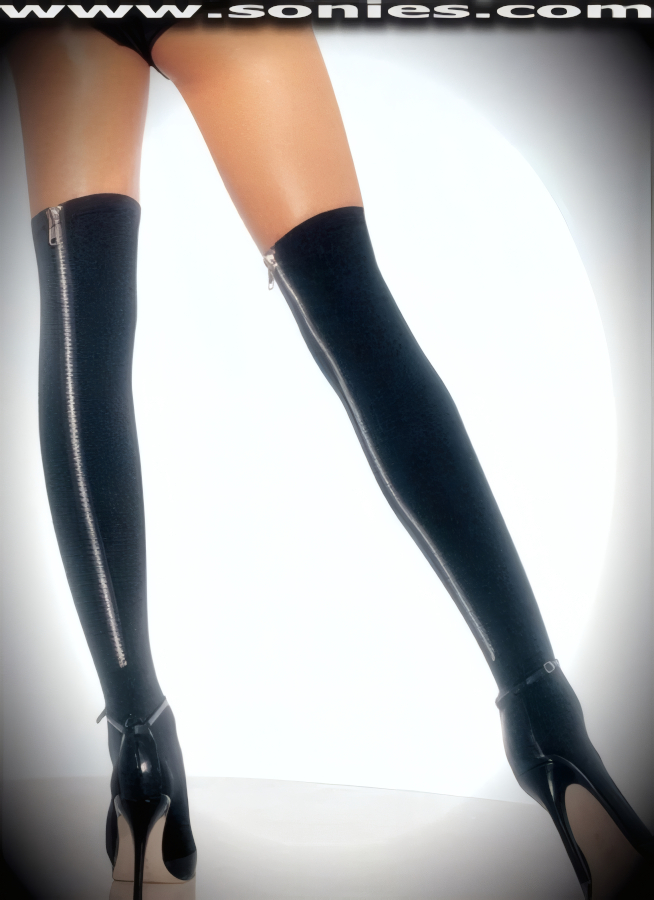 Daring, devilish and so desirable in these splendid Emma Peel cotton Lycra thigh high stockings with aluminum biker zip-up back closure for off and on ease finally. These bold Lycra hold-up thigh high stockings are sure to make every woman feel glamorous. They have an elasticized top band, which keeps them up reasonably well. May be worn with stiletto heel shoes or boots to create a phenomenal look. This style is perfect for stage, life style events, pride week, monthly play parties, fetish events, adult alternative lifestyle gatherings, bachelor parties, club wear, nightclubs, dance clubs and gentleman's clubs.   Style: 8250-BZ
