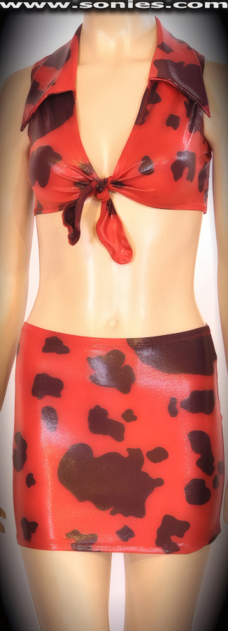 Manipulate your audiences desire behind the helm of this Vishnu body flattering wet-look three piece stretch psychedelic cow print Lycra set. Tempting collared crop top with skin baring neckline, plus tie front closure for off and on ease detail finish. Complementing pull-on curve hugging mini skirt. Includes a matching center stage dance wear lined crotch thong back bottom to complete this magnificent vesture (15% Lycra, 85% Nylon exclusive of trim. Hand wash cold and drip dry, no bleach). It pairs beautifully with any number of risqu� gloves. May be worn with stiletto heel shoes or boots to create a phenomenal look. This style is perfect for stage, life style events, pride week, monthly play parties, fetish events, adult alternative lifestyle gatherings, bachelor parties, club wear, nightclubs, dance clubs and gentleman's clubs.   Style: 830-047A