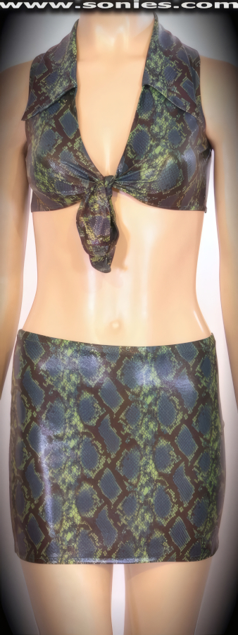 Process your audiences desire behind the helm of this Romania body flattering wet-look three piece stretch python print Lycra set. Tempting collared crop top with skin baring neckline, plus tie front closure for off and on ease detail finish. Complementing pull-on curve hugging mini skirt. Includes a matching center stage dance wear lined crotch thong back bottom to complete this magnificent vesture (15% Lycra, 85% Nylon exclusive of trim. Hand wash cold and drip dry, no bleach). It pairs beautifully with any number of risqu� gloves. May be worn with stiletto heel shoes or boots to create a phenomenal look. This style is perfect for stage, life style events, pride week, monthly play parties, fetish events, adult alternative lifestyle gatherings, bachelor parties, club wear, nightclubs, dance clubs and gentleman's clubs.   Style: 830-047B
