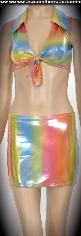 Daring, devilish and so desirable in this Chimborazo center stage glimmer hologram three piece stretch Lycra set. Enticing collared crop top with skin baring neckline, plus tie front closure for off and on ease detail finish. Complementing pull-on curve hugging mini skirt. Includes a matching center stage micro dance wear lined crotch thong back bottom to complete this magnificent vesture (15% Lycra, 85% Nylon exclusive of trim. Hand wash cold and drip dry, no bleach). It pairs beautifully with any number of risqu� gloves. May be worn with stiletto heel shoes or boots to create a phenomenal look. This style is perfect for stage, life style events, pride week, monthly play parties, fetish events, adult alternative lifestyle gatherings, bachelor parties, club wear, nightclubs, dance clubs and gentleman's clubs.   Style: 830-048A