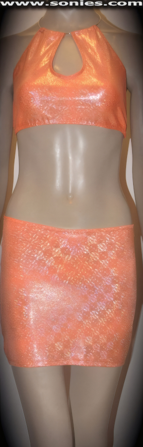 Competitive advantage in this Cerro Torre sensational glitter hologram Lycra three piece set. Exhilarating halter style crop top with skin baring keyhole front, choker chrome metal ring neck close, plus tie back closure for off and on ease detail finish. Complementing curve hugging pull-on mini skirt. Includes a matching center stage dance wear lined crotch thong back bottom to complete this magnificent vesture (15% Lycra, 85% Nylon exclusive of trim. Hand wash cold and drip dry, no bleach). It pairs beautifully with any number of risqu� gloves. May be worn with stiletto heel shoes or boots to create a phenomenal look. This style is perfect for stage, life style events, pride week, monthly play parties, fetish events, adult alternative lifestyle gatherings, bachelor parties, club wear, nightclubs, dance clubs and gentleman's clubs.   Style: 830-082A