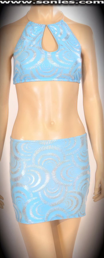 Dance your way into his heart in this Lanin sensational glitter dazzle ray hologram Lycra three piece set. Exhilarating halter style crop top with skin baring keyhole front, choker chrome metal ring neck close, plus tie back closure for off and on ease detail finish. Complementing curve hugging pull-on mini skirt. Includes a matching center stage dance wear lined crotch thong back bottom to complete this magnificent vesture (15% Lycra, 85% Nylon exclusive of trim. Hand wash cold and drip dry, no bleach). It pairs beautifully with any number of risqu� gloves. May be worn with stiletto heel shoes or boots to create a phenomenal look. This style is perfect for stage, life style events, pride week, monthly play parties, fetish events, adult alternative lifestyle gatherings, bachelor parties, club wear, nightclubs, dance clubs and gentleman's clubs.   Style: 830-082AC